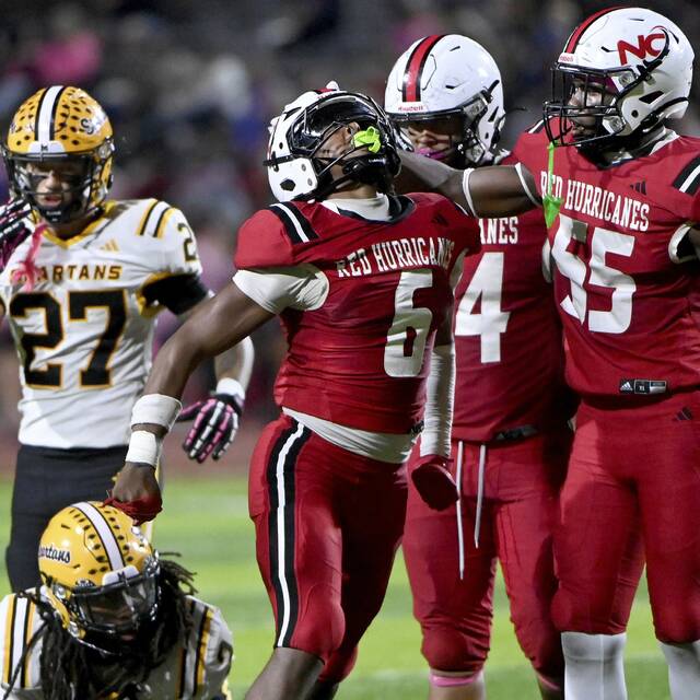 New Castle’s Mason Cook celebrates his sack during the third quarter against Montour on Friday, Oct. 3, 2025, at Taggart Stadium.
