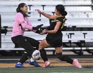 Latrobe’s Gianna Trunzo makes a save on North Allegheny’s Addison Vrabel on Aug. 27.