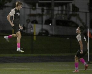 Highlands’ Jackson Babinsack celebrates with Ryan Maloney after Maloney scored against Shady Side Academy on Tuesday.
