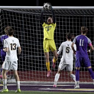 Norwin goalkeeper Reed Hoyle makes a save against Plum on Oct. 9.
