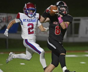 Southmoreland’s Ty Whoric intercepts a pass intended for Mt. Pleasant’s Jonah Townsend on Friday, Oct. 6, 2025, at Russ Grimm Field.