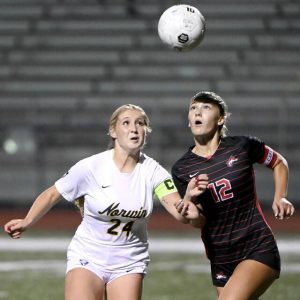 Fox Chapel’s Emily McKee battles Norwin’s Nicole Bown for possession during their game on Wednesday, Oct. 15, 2025, at Fox Chapel.