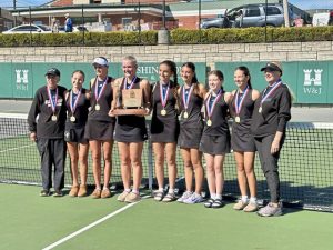 Quaker Valley poses with the trophy after winning the WPIAL Class 2A girls team title Wednesday, Oct. 15, 2025 at Washington & Jefferson.