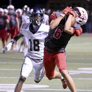 Avonworth’s Jaden Jones catches a touchdown pass in front of Hopewell’s Tre Cameron on Sept. 19.