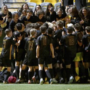 The Bentworth boys soccer celebrates with the student section after defeating OLSH, 1-0 (5-4PK) in the WPIAL Class A championship game on Thursday, Oct. 31, 2024, at Highmark Stadium.
