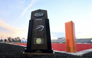The PIAA Class 6A football championship trophy sits on the field on Dec. 9, 2023, at Chapman Field at Cumberland Valley.