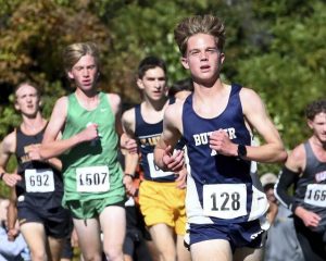 Butler’s Brendan Eicher leads the pack during the Class 3A boys race at the TSTCA cross country championship meet on Thursday, Oct. 16, 2025, at White Oak Park.