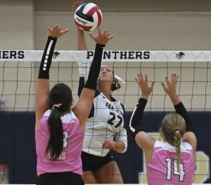 Franklin Regional’s Jaydn Tysarczyk with a kill against Greensburg Salem on Oct. 2, 2025 at Franklin Regional High School.