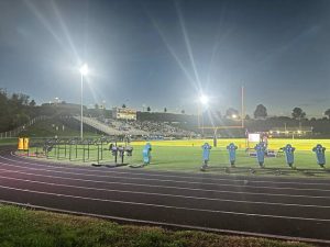 A blocking sled (right) is among practice equipment situated beyond the end zone at Penn-Trafford prior to the start of a WPIAL football game against Armstrong, Friday, Oct. 17, 2025, in Harrison City.