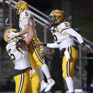 Montour’s Jacob Halbedl hoists Zander Stern after he scored, next to quarterback Brandon Bennett, during the third quarter against Aliquippa on Friday, Oct. 17, 2025, at Heinz Field.