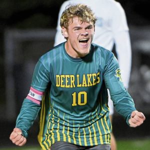 Deer Lakes’ Peyton Kushon celebrates his second goal against Central Valley during their WPIAL Class 2A first round playoff game on Monday, Oct. 20, 2025, in West Deer.