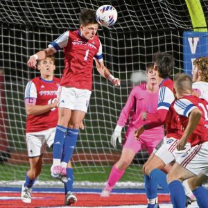 Mt. Pleasant’s Tyke Snyder heads the ball in front of the goal during the Vikings’ game against Charleroi on Tuesday, Oct. 14, 2025, at Mt. Pleasant.