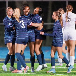 Burrell’s Makiah Buchak celebrates with teammates after scoring during their WPIAL Class 2A first round playoff game against Belle Vernon on Tuesday, Oct. 21, 2025, at Burrell.