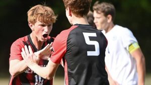 Sewickley Academy’s Finn Wentz celebrates his goal with Owen Brooks during their game against Aquinas Academy on Tuesday, Sept. 2, 2025, at Nichol Field in Edgeworth.