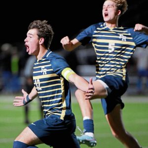 Franklin Regional’s Cruise Lamanna celebrates with Dominic Mascara after scoring against Chartiers Valley on Wednesday, Oct. 22, 2025, in Murrysville.