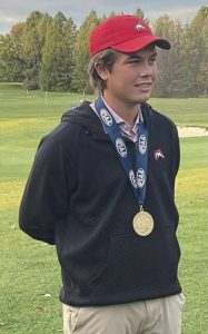 Fox Chapel’s Carson Kittsley wears his gold medal after winning the PIAA Class 3A golf championship Tuesday, Oct. 21, 2025 at Penn State.
