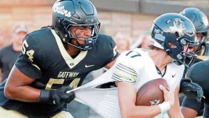 Gateway's Kalyen Mbandi drags down Kiski quarterback Landyn Artman during the first quarter Friday, Sept. 12, 2025, at Antimarino Stadium.