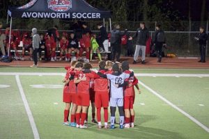 Avonworth players huddle up during their WPIAL Class 2A quarterfinal win over Mt. Pleasant on Thursday, Oct. 23, 2025.