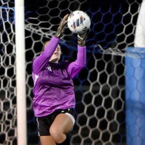 Burrell goalkeeper Leah Waldsmith maves a save against Belle Vernon during the Bucs’ WPIAL Class 2A first round playoff game on Tuesday, Oct. 21, 2025, at Burrell.