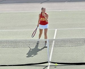 North Catholic’s Macaria Stall celebrates a point during the WPIAL Class 2A team championships Oct. 15 at Washington & Jefferson.