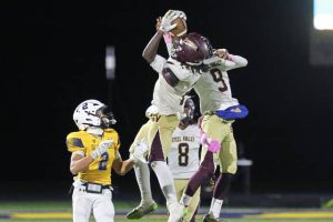 Steel Valley's Da'Ron Barksdale intercepts a pass intended for South Allegheny's Drew Cook on Friday, Oct. 24, 2025.