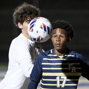 Franklin Regional’s Aiden Alexander works against Chartiers Valley’s Vincent DePietro during their WPIAL Class 3A quarterfinal on Wednesday, Oct. 22, 2025, in Murrysville.