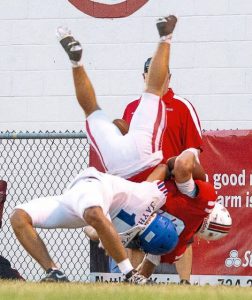 Jeannette's Jayce Powell brings down Frazier's Chase Fulmer on Friday, Sept. 12, 2025.