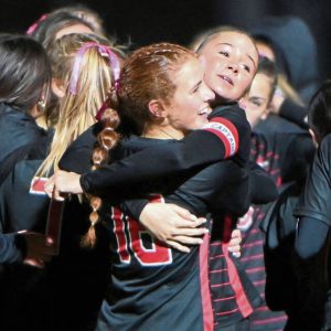 Fox Chapel’s Ava Stackhouse celebrates with teammates after defeating Plum in overtime in their WPIAL Class3A semifinal on Monday, Oct. 27, 2025, at Gateway.