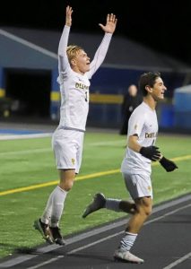 Deer Lakes' Collin Rodgers, left, scored both goals as Deer Lakes defeated Quaker Valley in the WPIAL Class 2A boys soccer semifinals Monday, Oct. 27, 2025.