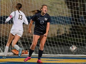 Freeport’s Nia DiSanti celebrates after scoring the game-winning goal against Quaker Valley during the WPIAL Class 2A semifinals Tuesday at Hampton.