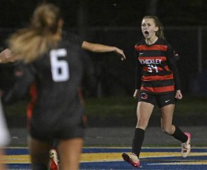 Sewicley Academy’s Sarah Marryman celebrates her game-winning goal to beat Springdale during a WPIAL Class A semifinal Tuesday at Hampton.