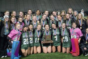 Pine-Richland poses with the championship trophy after defeating North Allegheny in the WPIAL Class 3A field hockey championship game Tuesday, Oct. 28, 2025 at North Allegheny.