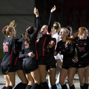 Fox Chapel players celebrate after defeating Plum in overtime, 2-1, in their WPIAL Class 3A semifinal on Monday, Oct. 27, 2025, at Gateway.