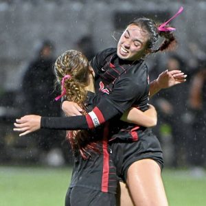 Fox Chapel’s Lily McLaughlin celebrates with Emily McKee after scoring in double overtime in the WPIAL Class 3A championship game against South Fayette on Wednesday at Highmark Stadium.