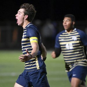 Franklin Regional’s Cruise Lamanna celebrates after scoring against Chartiers Valley on Oct. 20.