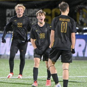 Bentworth’s Ryan Moessner (10) celebrates with teammates after defeating OLSH, 3-1, in the WPIAL Class A boys championship game on Thursday, Oct. 30, 2025, at Highmark Stadium.