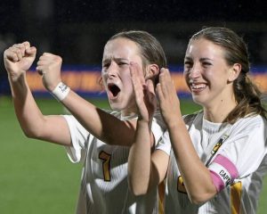 Bentworth’s Brielle Dillon (left) celebrates with Jesse Laskey after defeating Sewickley Academy, 1-0, in the WPIAL Class A girls championship game on Thursday, Oct. 30, 2025, at Highmark Stadium.