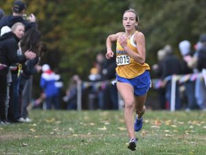 Hampton’s Rebekah Hall brings home the win in the WPIAL Class 2A cross country championships on Oct. 23, 2025 at White Oak Park.