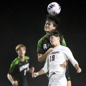 Pine-Richland’s Joel Ruktanonchai battles Fox Chapel’s Julien Sarra for a header Sept. 4.