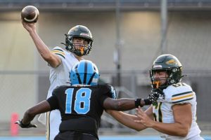 Penn-Trafford’s Nate Desmond throws a pass under pressure from Woodland Hills’ Robinson Rea (18) on Friday, Sept. 12, 2025, at the Wolvarena. 