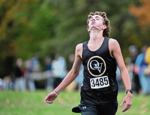 Quaker Valley’s Jonah Montagnese leads from start to finish during the WPIAL Class 2A cross country championships Oct. 23 at White Oak Park.