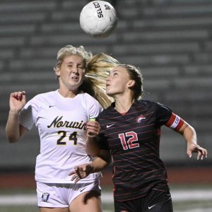 Fox Chapel’s Emily McKee battles Norwin’s Nicole Bown for possession Oct. 15.