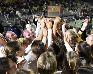 The North Allegheny girls soccer team hoists the WPIAL championship trophy after defeating Seneca Valley, 2-1 in double overtime, in the Class 4A final on Friday, Oct. 31, 2025, at Highmark Stadium.