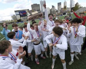 The West Allegheny boys soccer team celebrates with the WPIAL championship trophy after defeating Franklin Regional, 2-1, in the Class 3A final on Saturday, Nov. 1, 2025, at Highmark Stadium.