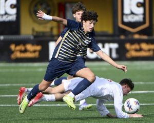 Franklin Regional’s Fabrizzio Costa works past West Allegheny’s Caden Gnoth during the WPIAL Class 3A championship game on Saturday, Nov. 1, 2025, at Highmark Stadium.