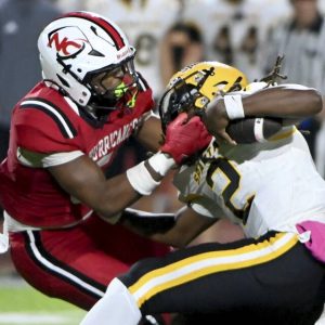 New Castle’s Mason Cook sacks Montour quarterback Brandon Bennett on Friday, Oct. 3, 2025, at Taggart Stadium.