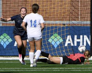 Freeport’s Elena Jenkins celebrates after scoring against Burrell during the WPIAL Class 2A championship game on Saturday, Nov. 1, 2025, at Highmark Stadium.