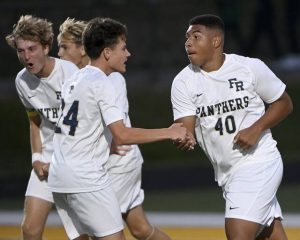 Franklin Regional’s Thomas Bridges (right) celebrates his goal with Liam Greenbaum during their game against Penn-Trafford on Aug. 26.