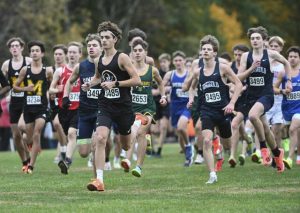Quaker Valley’s Jonah Montagnses leads from start to finish during the WPIAL Class 2A cross country championships Oct. 23 at White Oak Park.