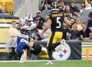 Daequan Hardy returns a punt for the Buffalo Bills against the Steelers in a 2024 preseason game.